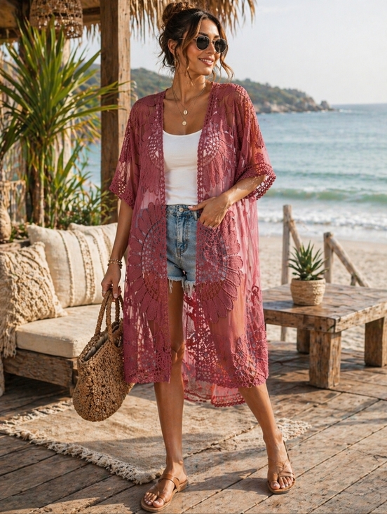Rebellion Sweaters - Rebellion Sheer Lace Kimono Cardigan / Beach Cover Up | Size M/L